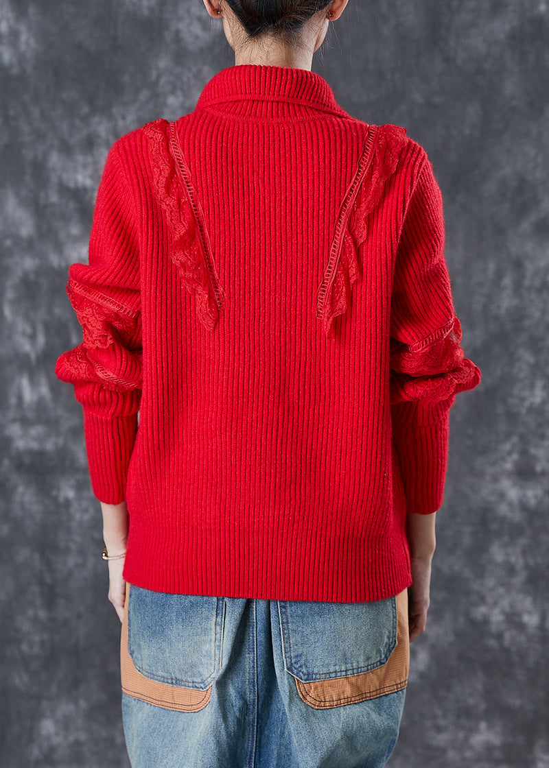 Red Peter Pan Collar Lace Patchwork Knit Coats Winter