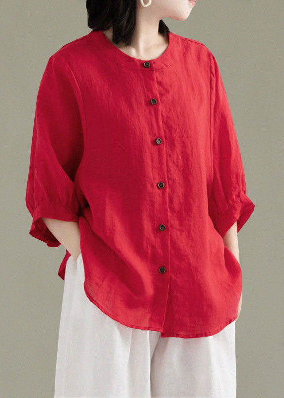 Art White Flowers O-neck Button Linen Loose Shirt Top Lantern Sleeve