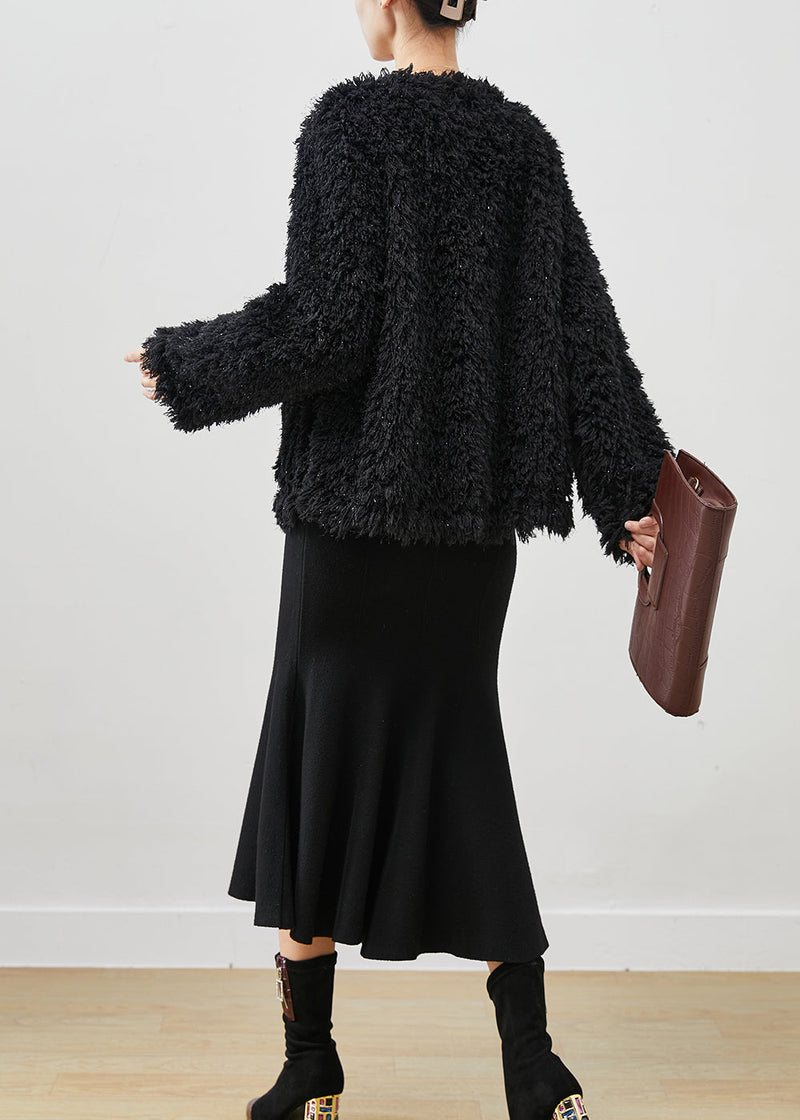 Modern Black Sequins Faux Fur Coats and Dress Two-piece Set Winter