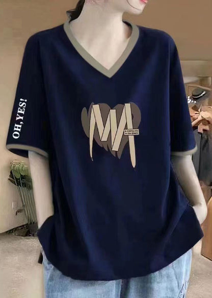 Wine Red V Neck Print Cotton T Shirts Summer