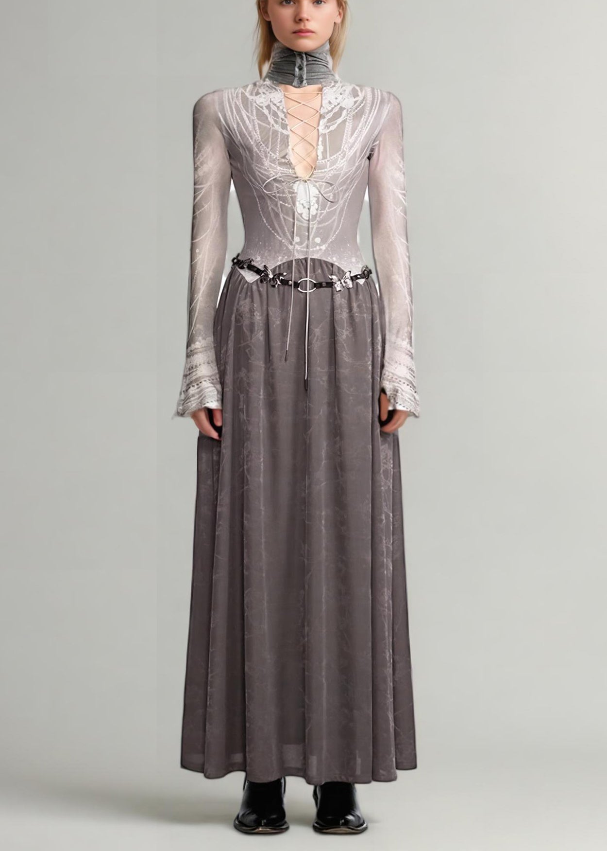 Italian Grey Lace Up Wear on Both Sides Patchwork Cotton Long Dress Fall