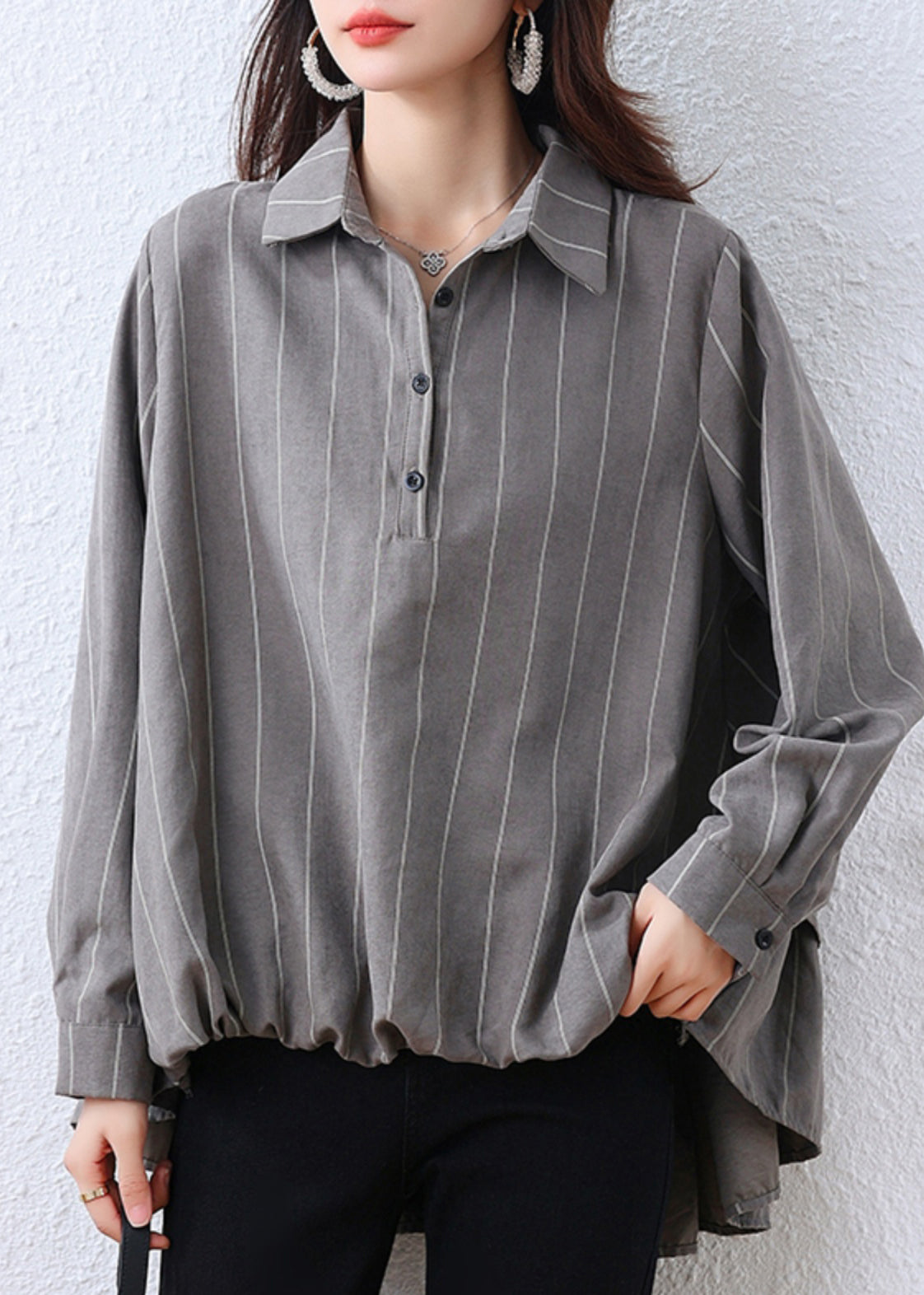 Grey Oversized Striped Cotton Shirt Tops Fall