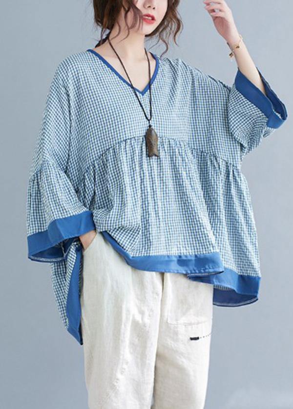 Fine Blue Plaid Patchwork Flare Sleeve Top Spring Summer