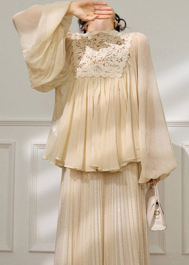 Beige Lace Patchwork Top and a Line Skirts Two Pieces Set Spring