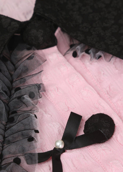 Pink Square Collar Ruffled Print Tulle Shirts Long Sleeve