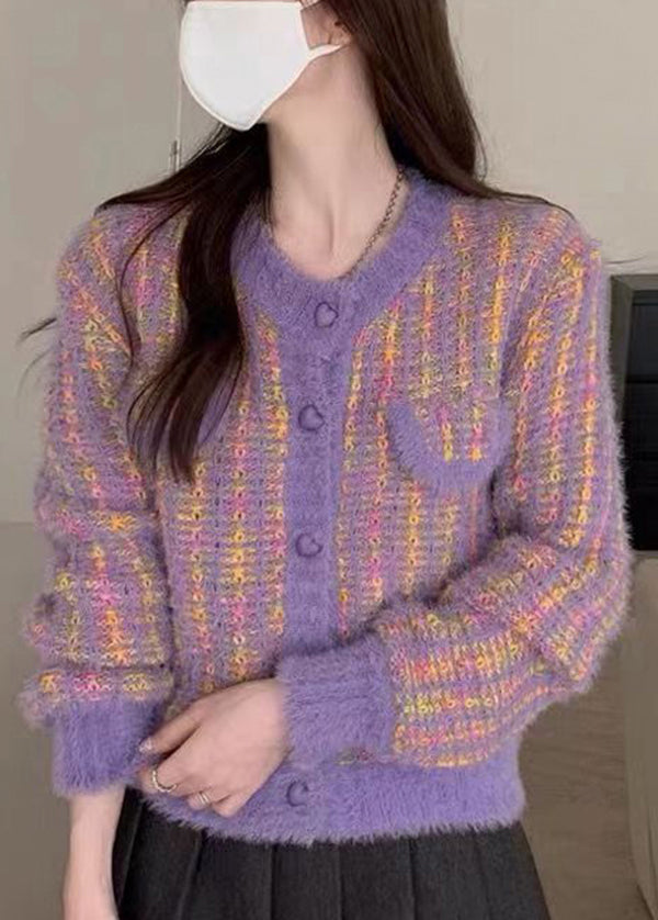 Purple O Neck Button Mink Hair Knitted Coats Fall