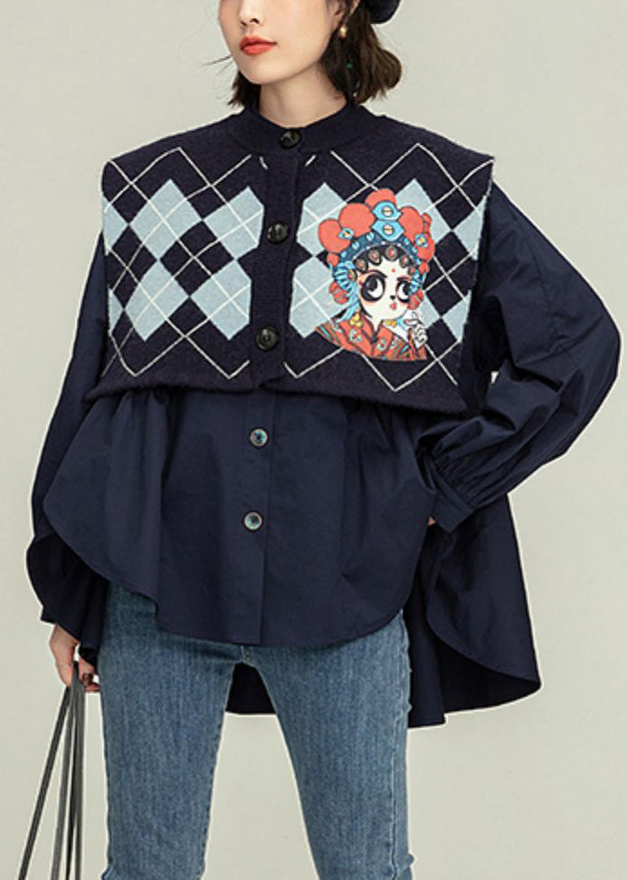 Blue Stand Collar Print Cotton Shirt and Waistcoat Two Piece Set Spring