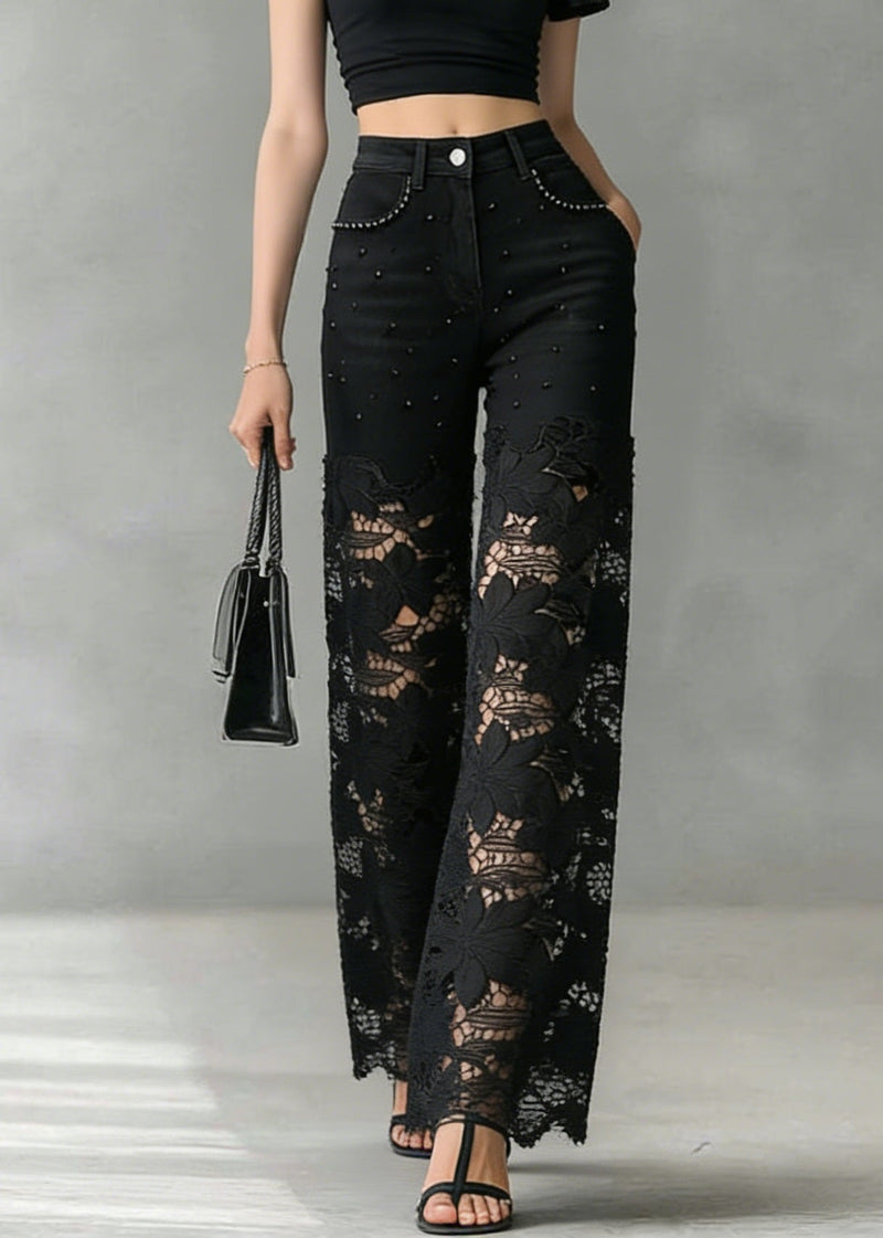 Black Lace Hollow Out Nail Bead Denim Pants Summer