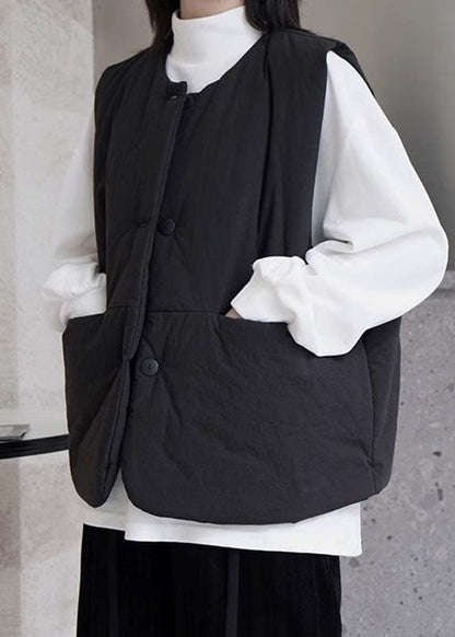 Organic Black O-neck Pockets Button Thick Warm Waistcoat Winter