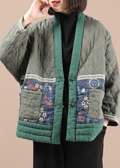 Green V Neck Pockets Fine Cotton Filled Jacket Winter