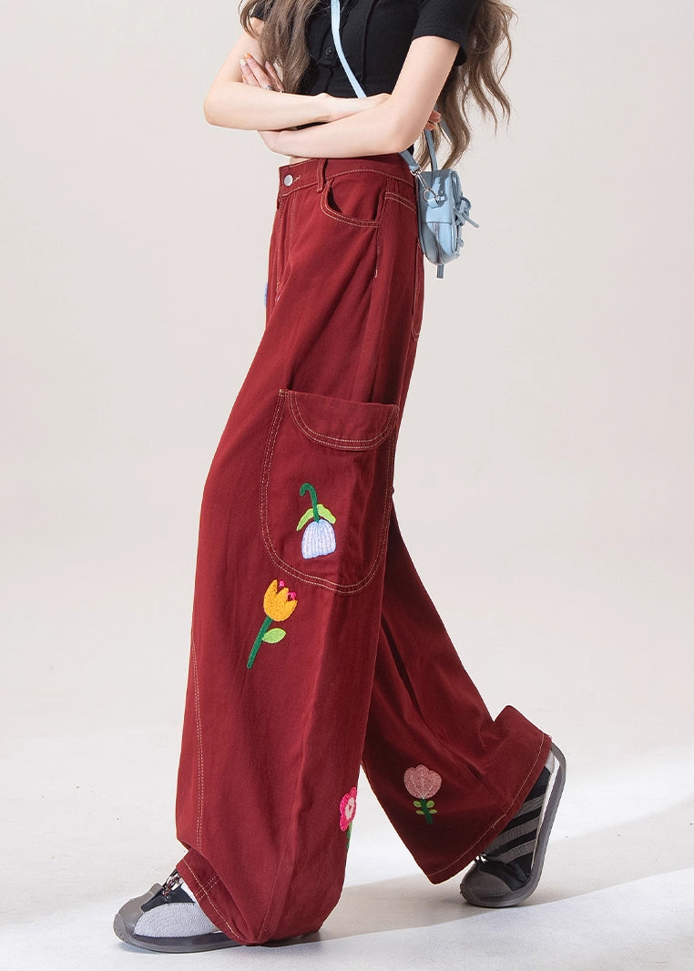 Unique Red Embroidered Pockets Denim Wide Leg Pants Spring