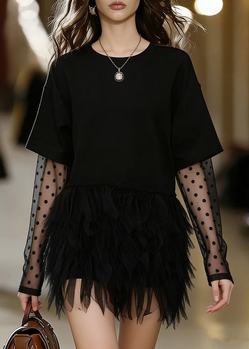 Black Oversized Patchwork Tulle Mini Dress Summer