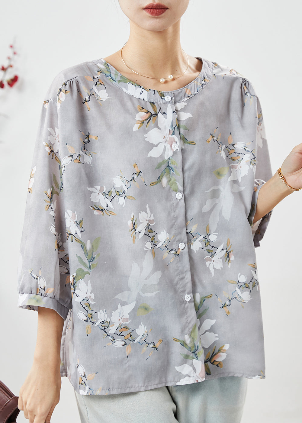 Grey O-neck Print Linen Blouses Half Sleeve