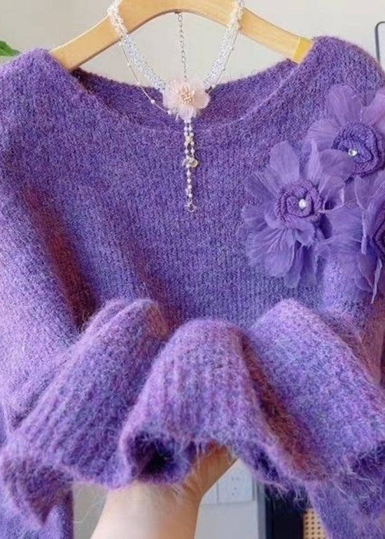 Classy Purple O Neck Knit Sweaters Spring