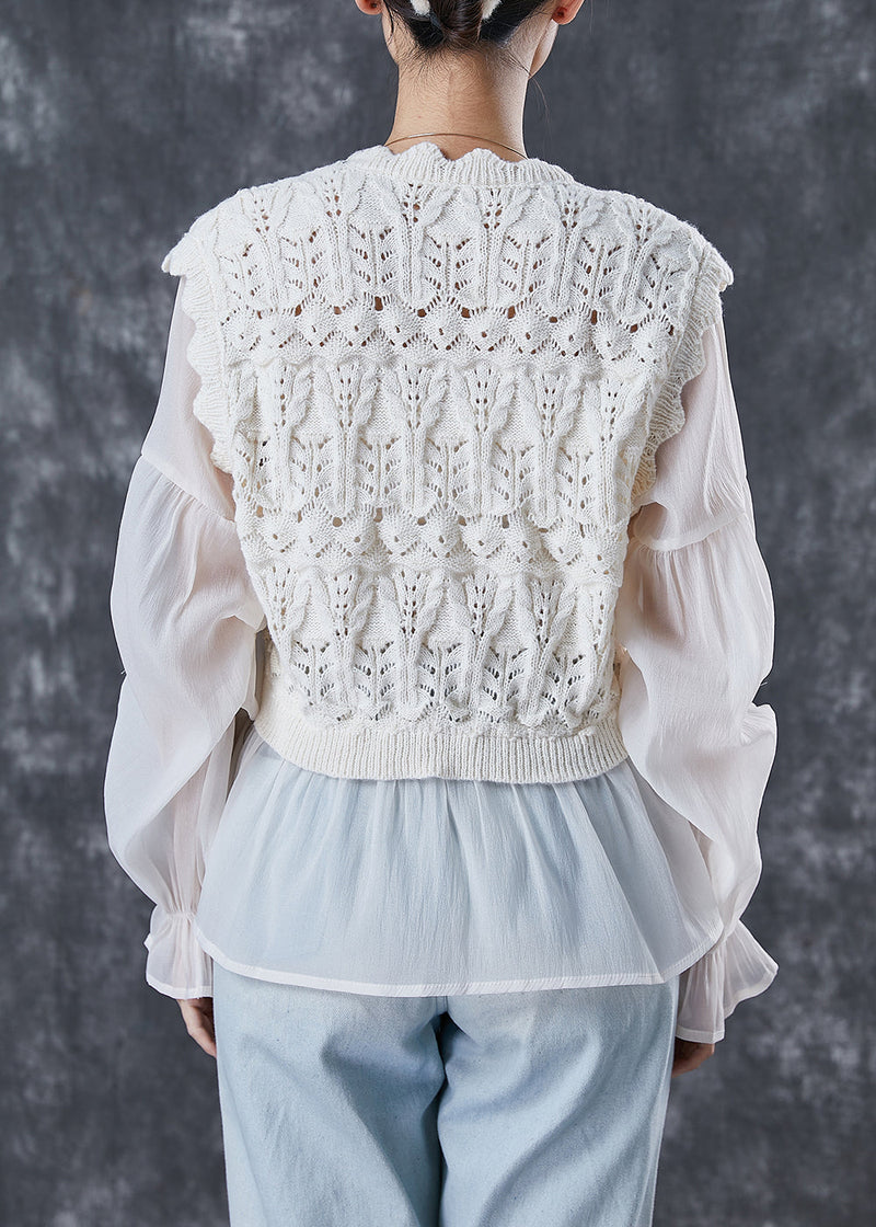 Apricot Patchwork Knit Tops Lantern Sleeve