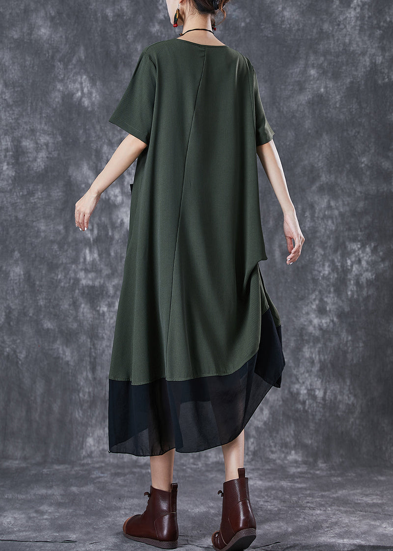 Army Green Cinched Patchwork Chiffon Maxi Dresses Summer