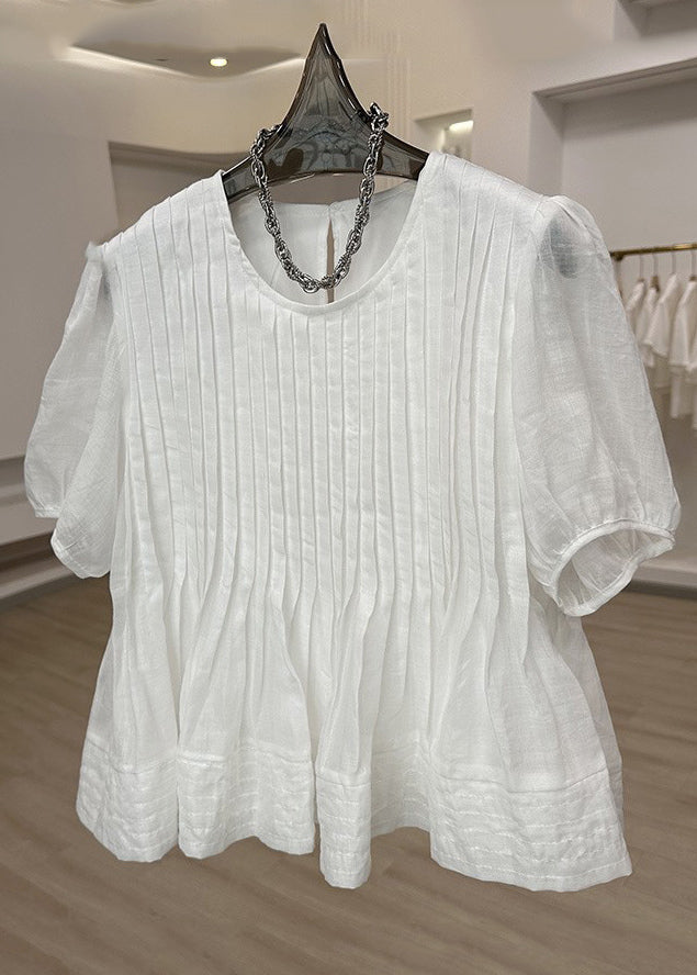 Modern White O-neck Wrinkled Patchwork Top Short Sleeve