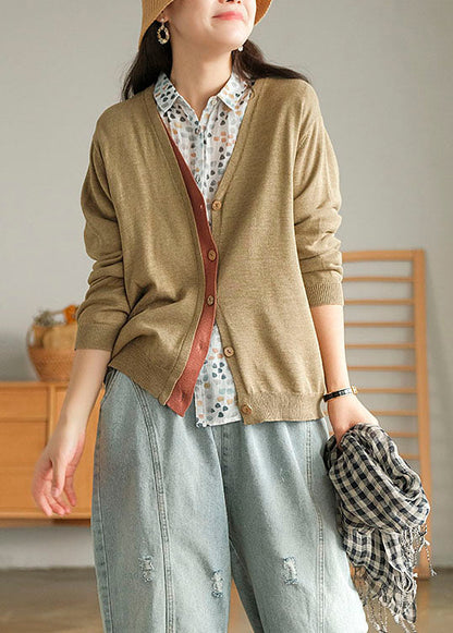 Khaki Button V Neck Patchwork Knit Loose Cardigans Spring