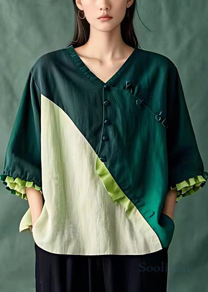 Blackish Green Button Patchwork Linen Top Butterfly Sleeve