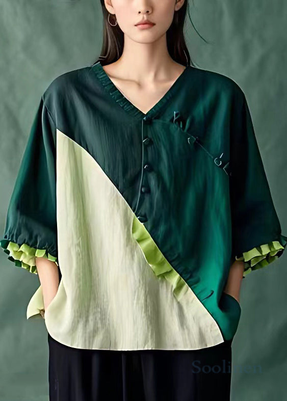 Blackish Green Button Patchwork Linen Top Butterfly Sleeve