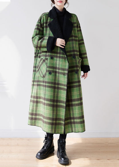 French Green Plaid Notched Wear on Both Sides Warm Fleece Faux Fur Trench Coats Long Sleeve