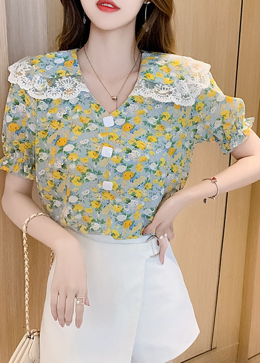 Natural Green Button Peter Pan Collar Lace Patchwork Chiffon Blouses Short Sleeve