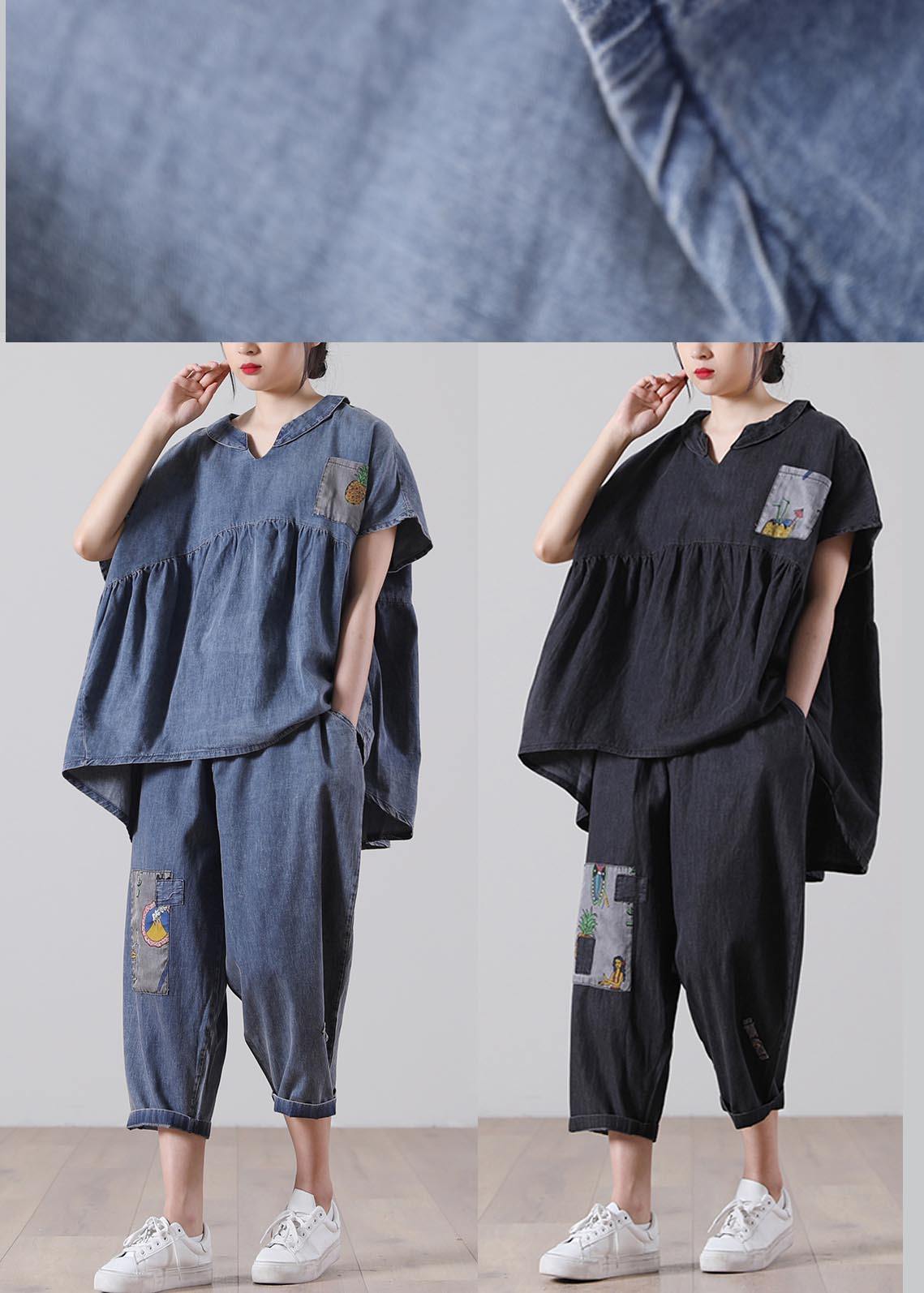 Black Patchwork Pockets Cotton Two Pieces Set Summer