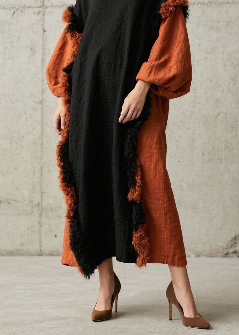 Colorblock Fuzzy Fur Fluffy Patchwork Cotton Maxi Dress Fall