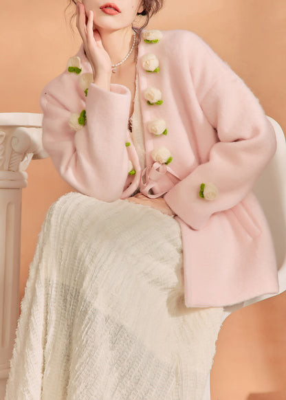 French Pink V Neck Button Woolen Coat Winter