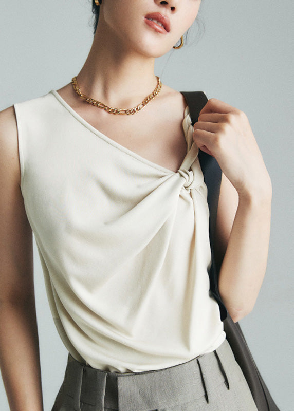 Beige Slanted Collar Cinched Tops Sleeveless