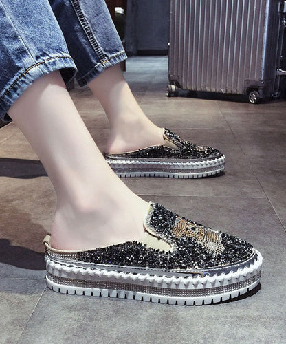 Black Cartoon Zircon Splicing Platform Slide Sandals