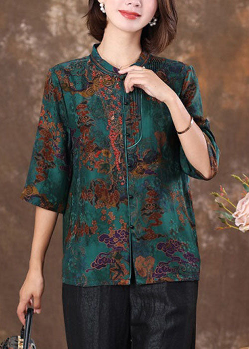 Unique Red Stand Collar Print Slim Silk Shirt Tops Half Sleeve Spring