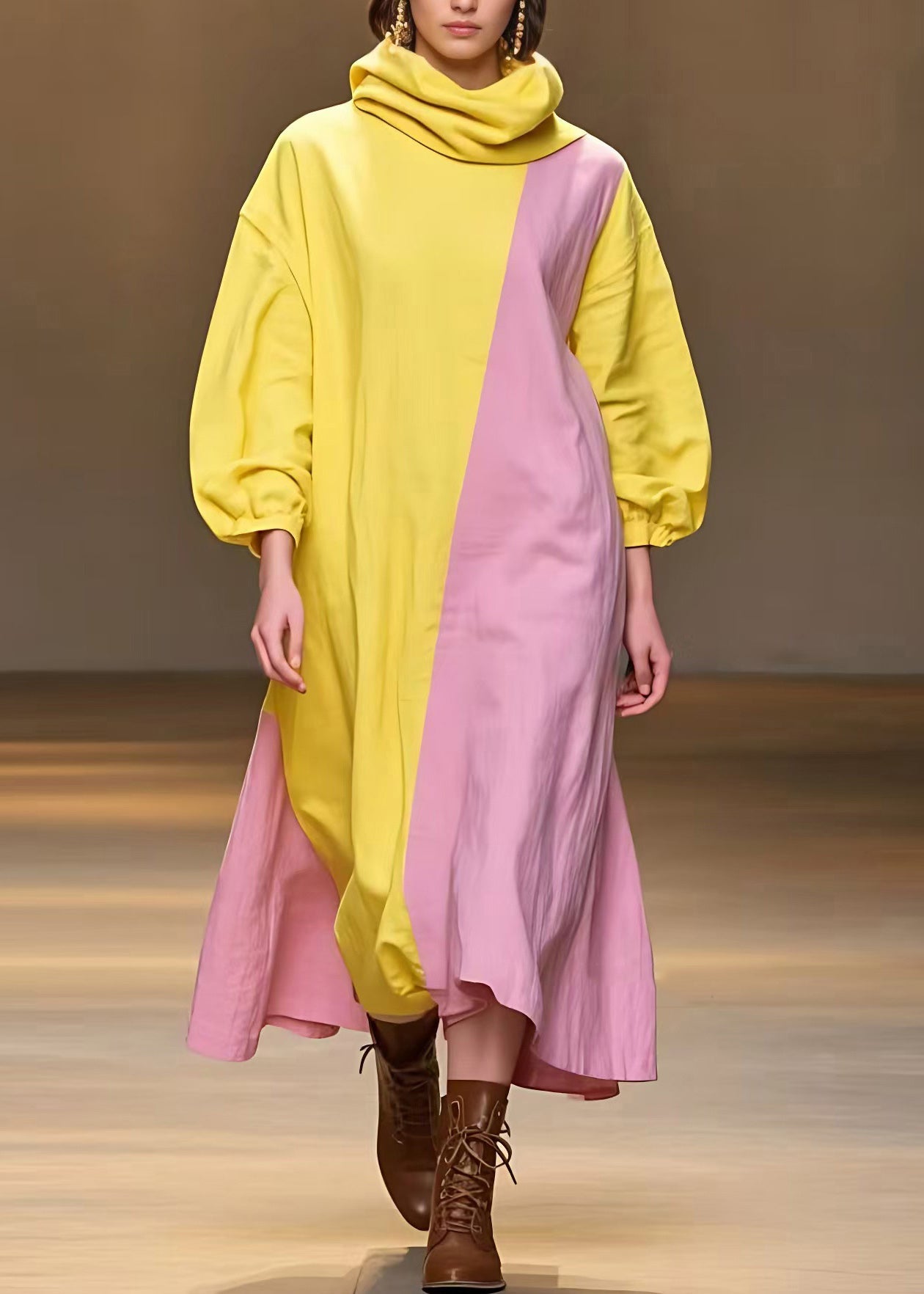 Yellow Turtleneck Patchwork Long Dress Fall