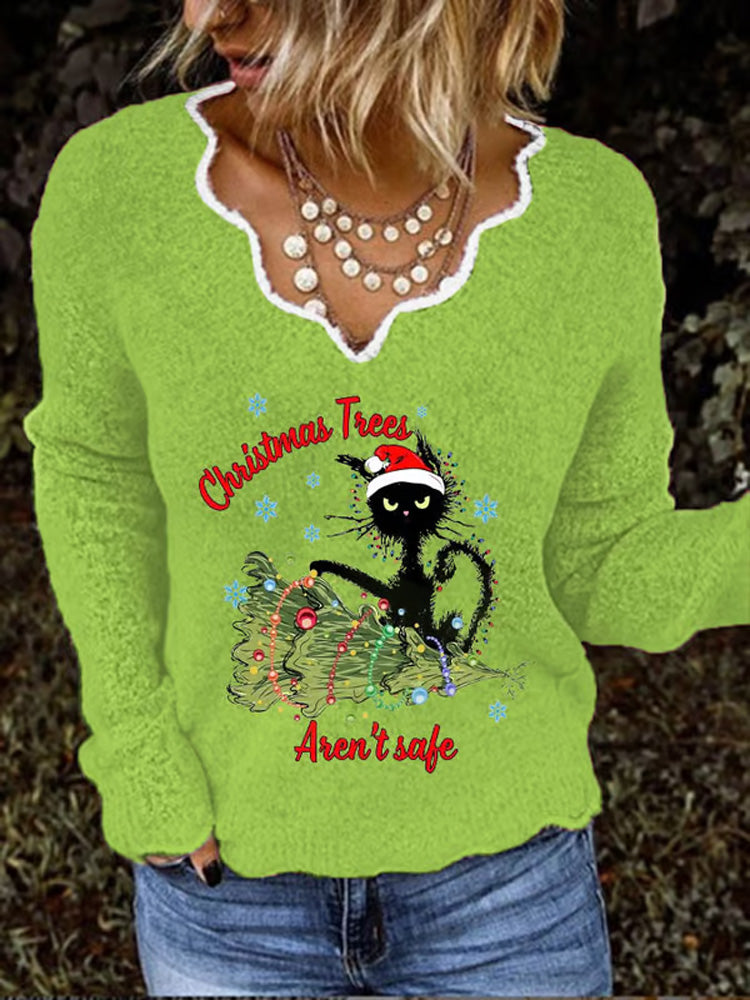 Women's Christmas Trees Aren T Safe Naughty Black Cat Print V-Neck Top artswardrobe