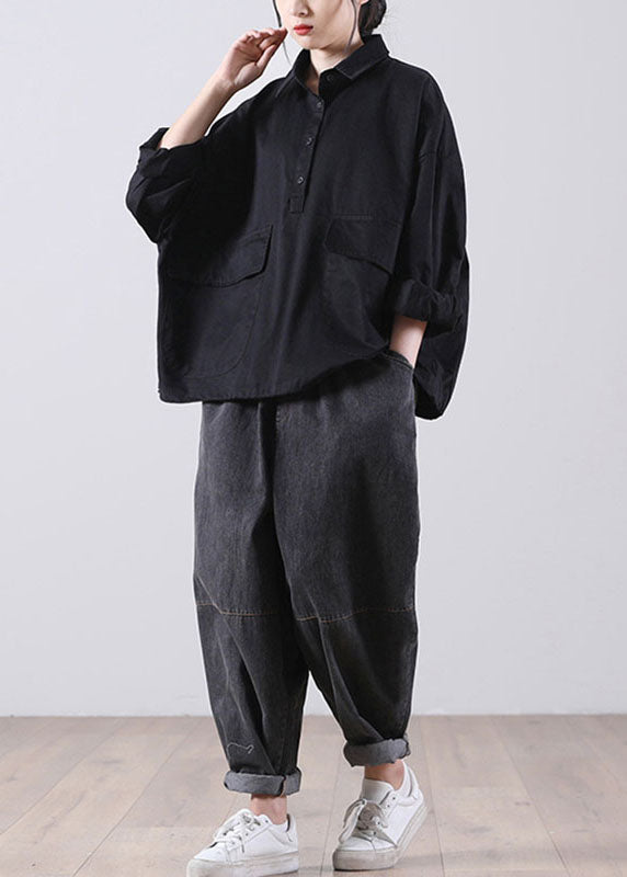 Style Black Peterpan Collar Pockets Button Fall Shirts Long Sleeve