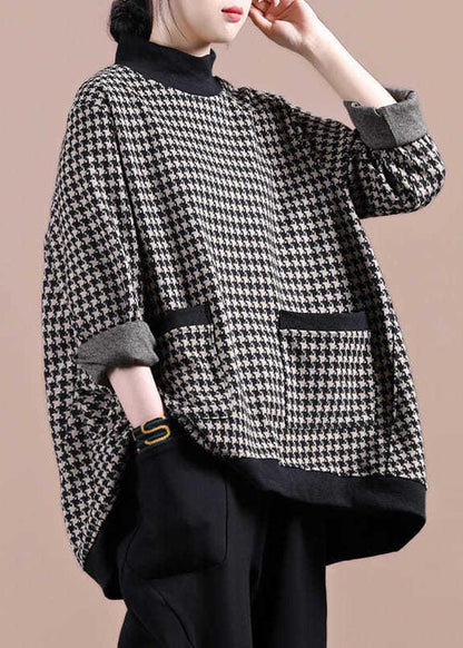 White Plaid Turtleneck Pockets Patchwork Top Long Sleeve