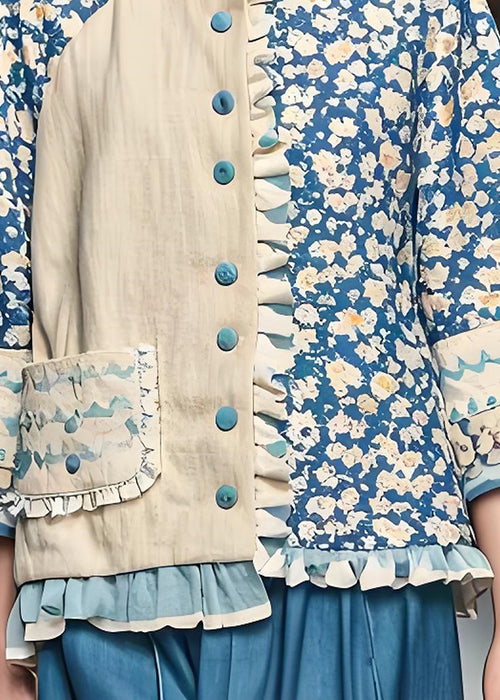 Ruffled Print Pockets Patchwork Cotton Coats Spring