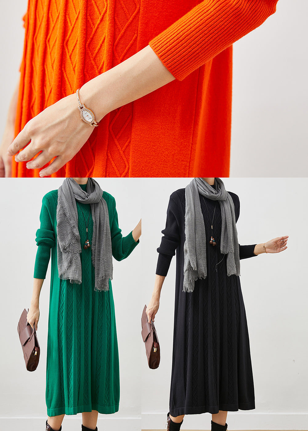 Orange Stand Collar Wrinkled Knit Dress Winter