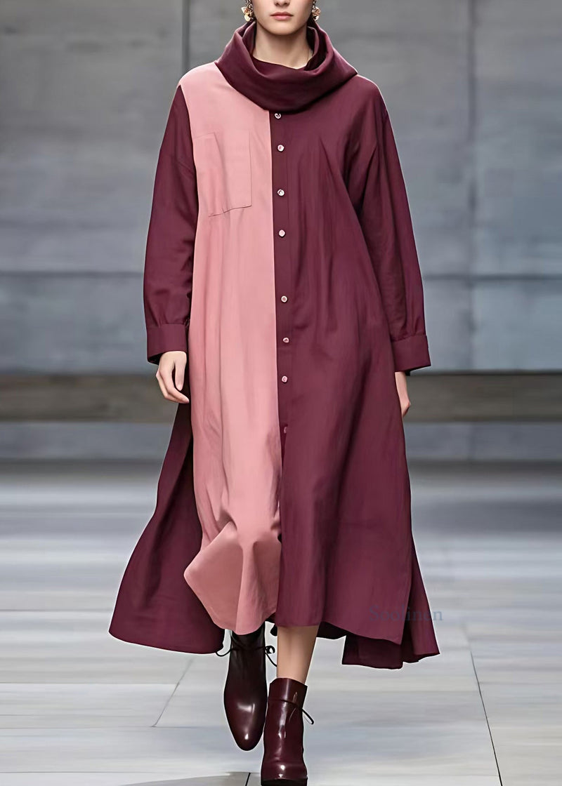 Mulberry Turtleneck Patchwork Pockets Maxi Dresses Fall