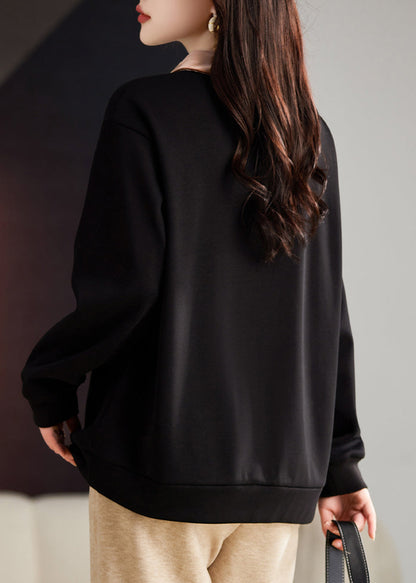 Organic Black Peter Pan Collar Embroideried Warm Fleece Top Fall