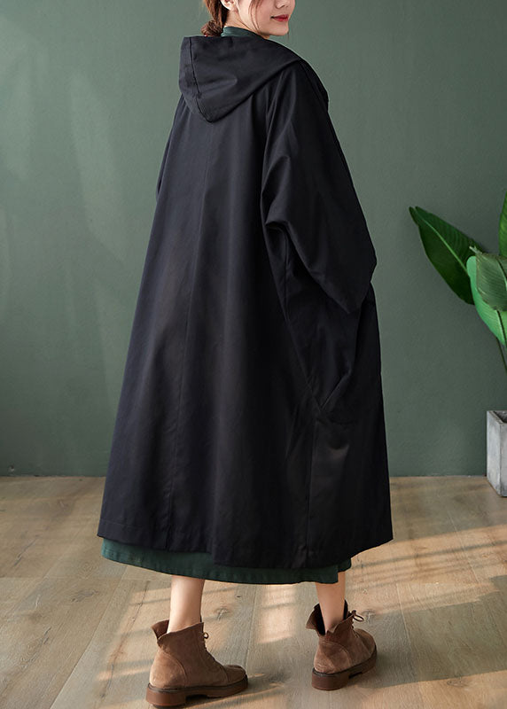 Handmade Black Button Pockets Loose Fall Long Sleeve Hoodie Coat