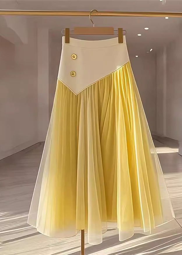 Yellow High Waist Wrinkled Patchwork Tulle Skirt Fall