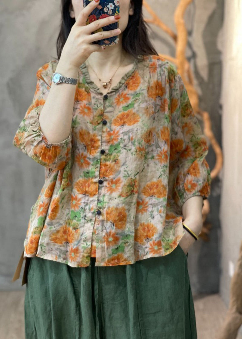 Orange Print Ruffled Patchwork Button Shirt Long Sleeve
