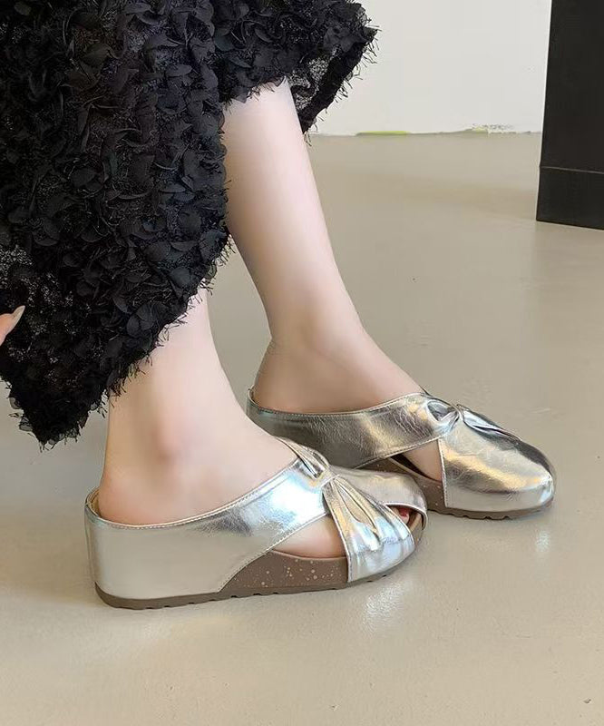 New Champagne Faux Leather Wedge Heels Slide Sandals