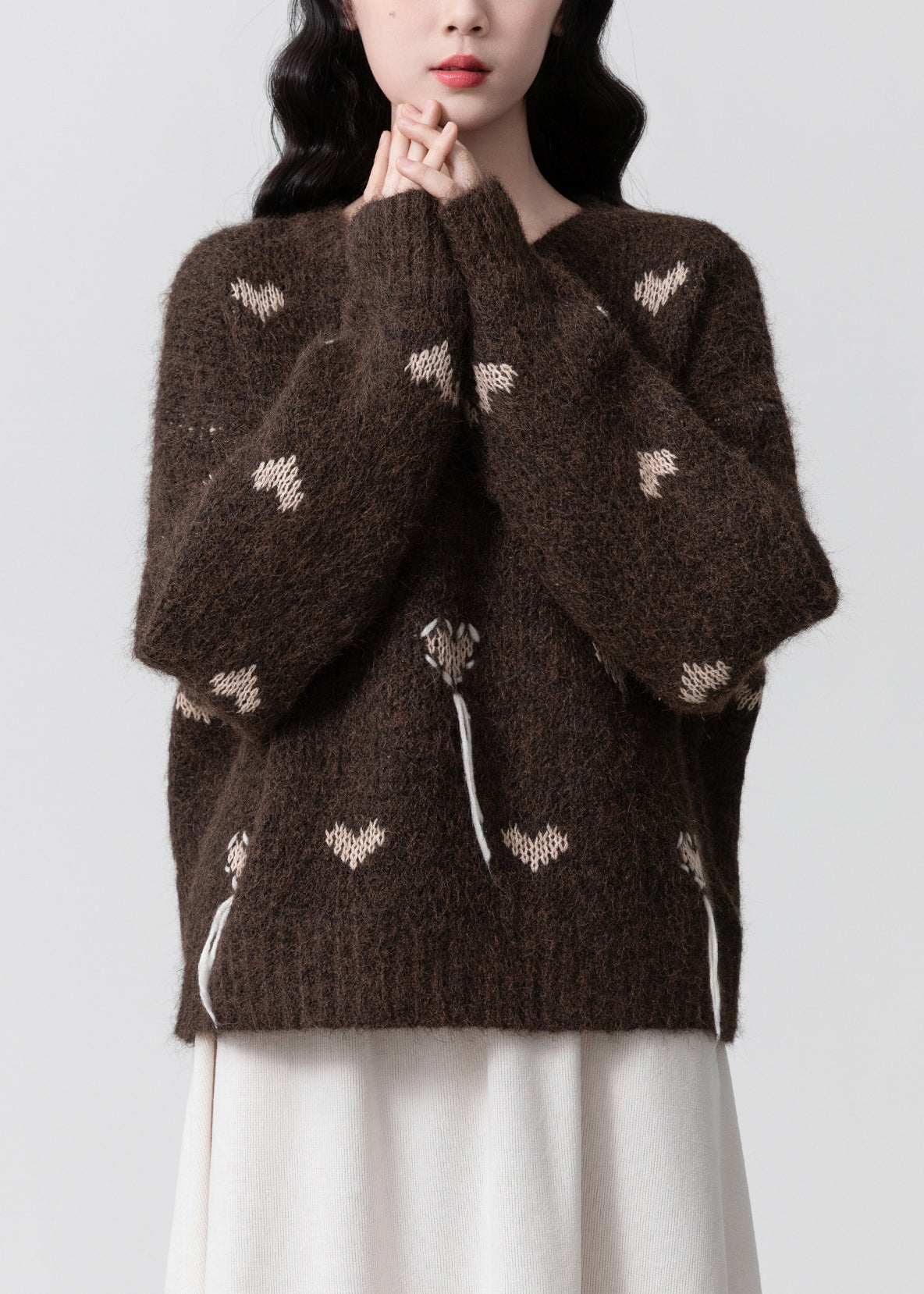 Coffee O Neck Jacquard Thick Knit Sweaters Spring
