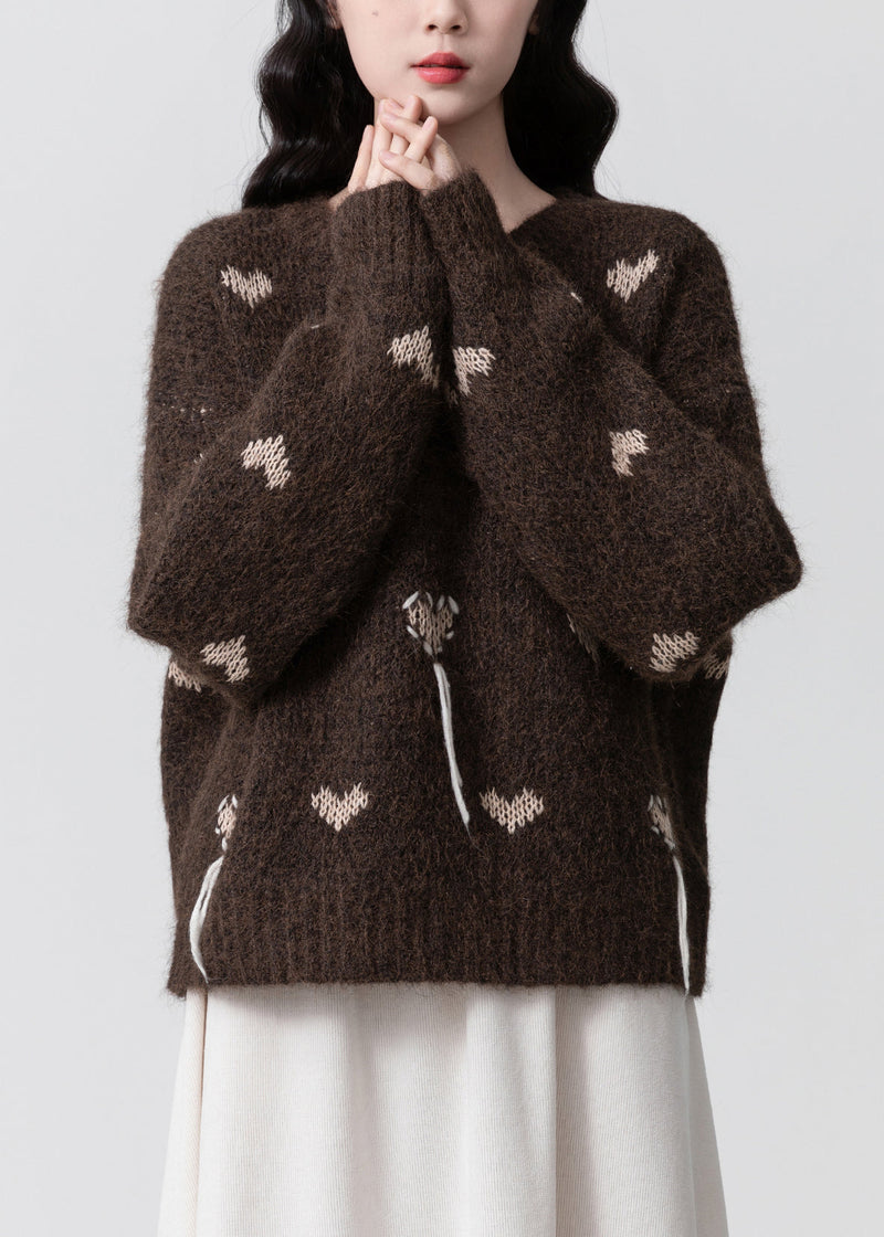 Coffee O Neck Jacquard Thick Knit Sweaters Spring