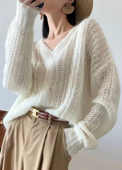 Loose White Hollow Out Knit Sweater Winter