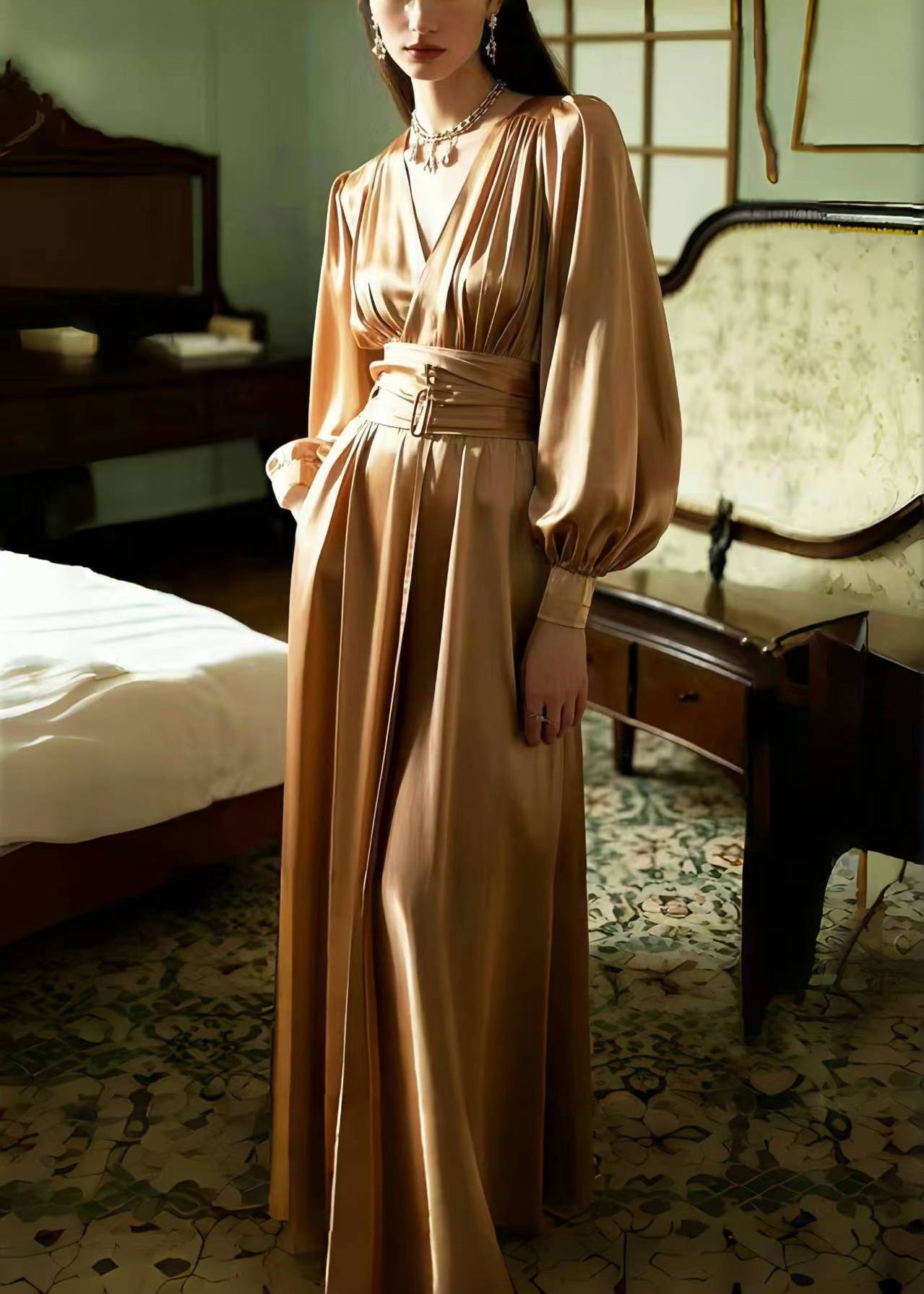 Caramel Cinched Ice Silk Long Dress Spring