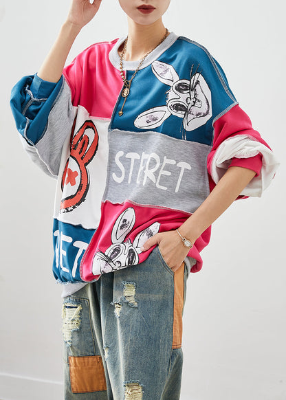 Colorblock Oversized Patchwork Rabbit Print Cotton Sweatshirt Fall