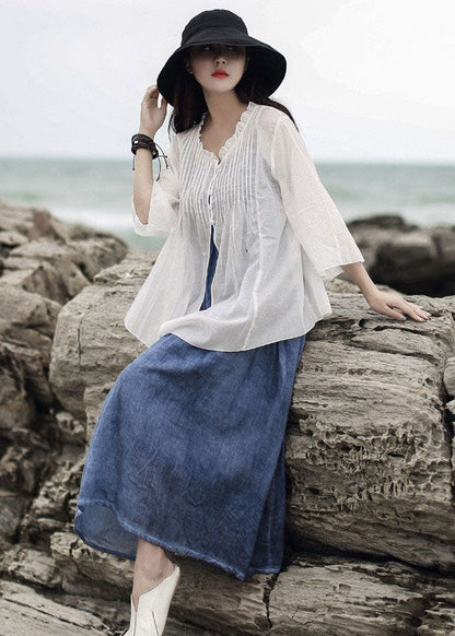 Art White Ruffled Cotton Shirt Tops Three Quarter Sleeve